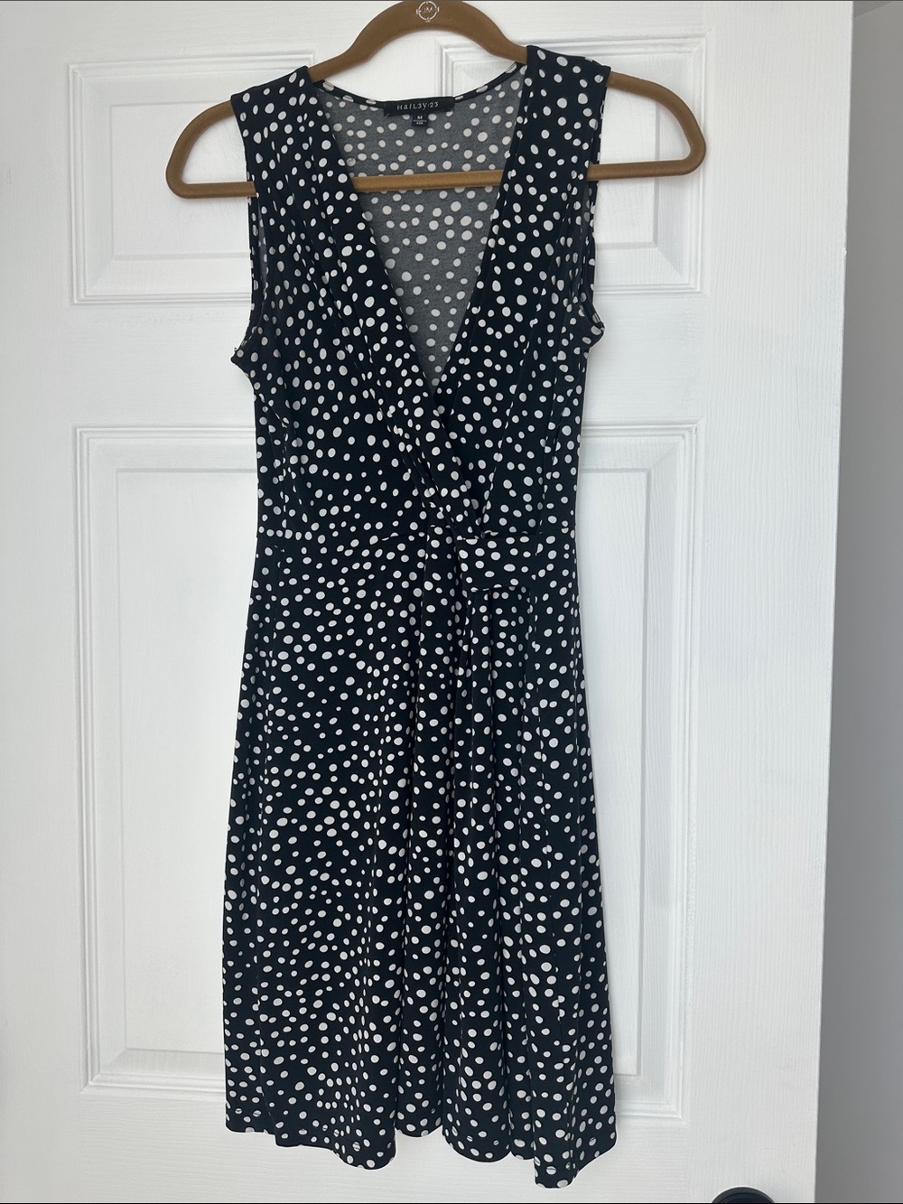 Polka Dot Sleeveless Wrap Midi Dress — Black/White